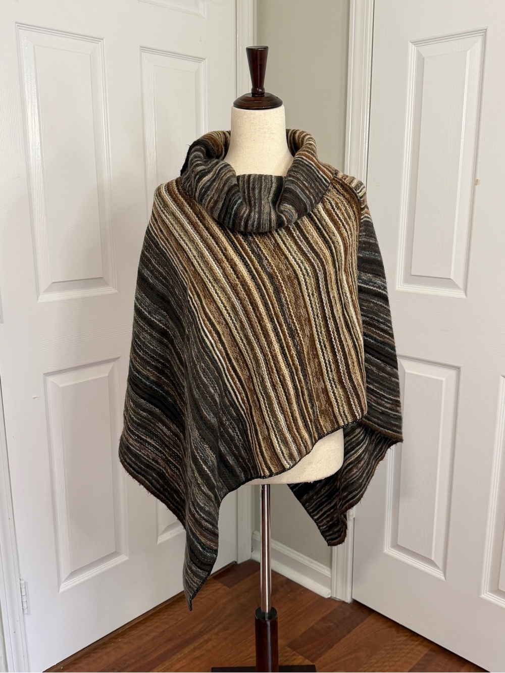 D&Y Striped Cowl Neck Poncho in Brown and Gray